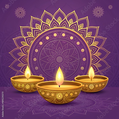 Vibrant Festival of Lights with Golden Diyas and Purple Mandala