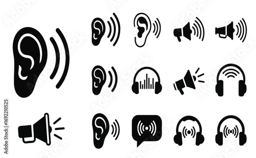 Sound and Audio Icons Set: Ear, Volume, Headphones, Speaker, Sound Waves, Audio Signals, Listening, Music, Voice, Hearing Symbols