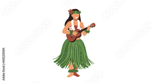 Hula Dancer Playing Ukulele with Green Skirt and Flower Lei.