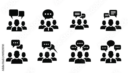 Group Chat Icons Set: People Talking, Speech Bubbles, Communication, Discussion, Messaging, Conversation, Collaboration, Social Interaction