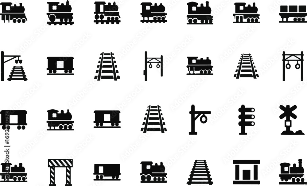 Obraz premium Train Icons Set: Black Railway Symbols, Locomotives, Tracks, Signals, Stations, Crossings, and Transportation Graphics for Design Projects