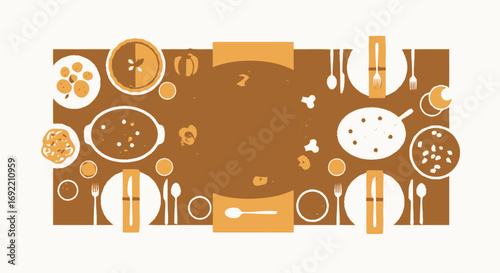 Festive Thanksgiving Table Setting with Dishes and Cutlery Illustration.