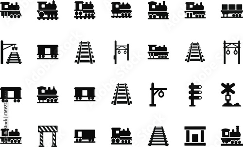 Train Icons Set: Black Railway Symbols, Locomotives, Tracks, Signals, Stations, Crossings, and Transportation Graphics for Design Projects