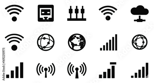 Wireless and Network Icons Set: WiFi, Signal Bars, Globe, Router, Cloud, Connectivity, and Internet Symbols for Tech and Communication Design