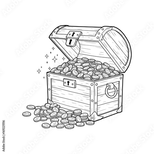Treasure chest full of gold coins vintage engraving style vector