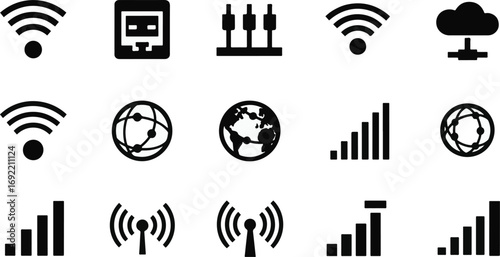 Network connectivity icons with wifi, mobile signal, internet, globe, cloud, router, data transfer, wireless technology, and communication