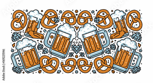Oktoberfest Pattern Beer Mugs Pretzels and Hops Illustration.