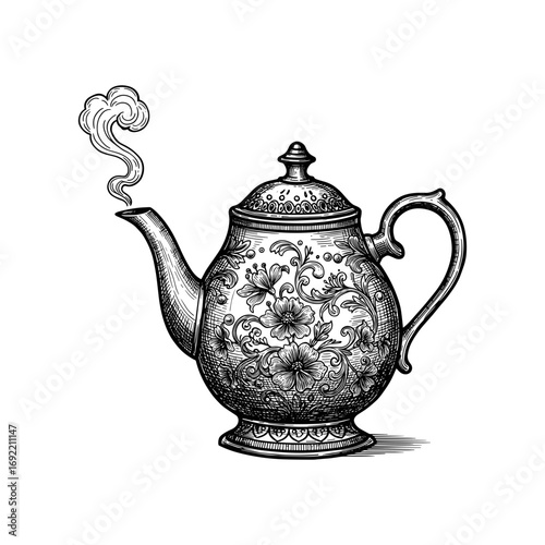 Teapot vintage ornate floral engraving vector illustration