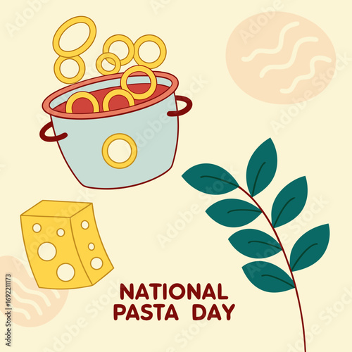 Cartoonish pasta pot with rings, cheese, branch, on beige background; bright, cheerful, flat design, celebrating "National Pasta Day" with simple, playful illustration.
