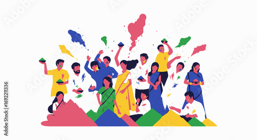 Vibrant Holi Celebration People Throwing Colorful Powder Festive Mood.