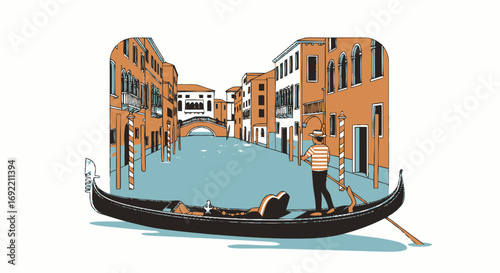 Gondola Ride in Venice Illustration of Gondolier and Passenger on Canal.