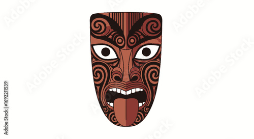 Traditional Maori Mask with Spirals and Protruding Tongue Illustration.