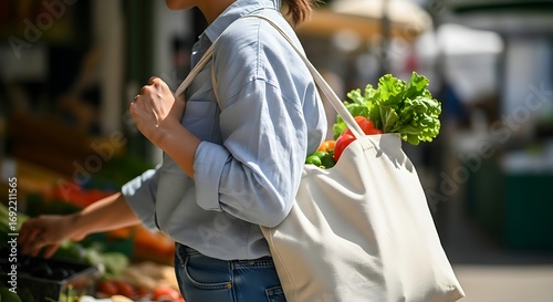 Woman browsing produce at market carries a cream totebag filled with fresh vegetables.