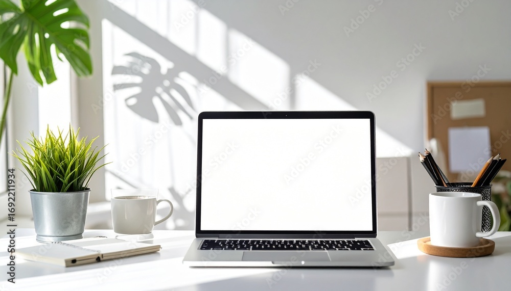 Fototapeta premium Laptop Workspace Sunlit Desk with Blank Screen for Mockup