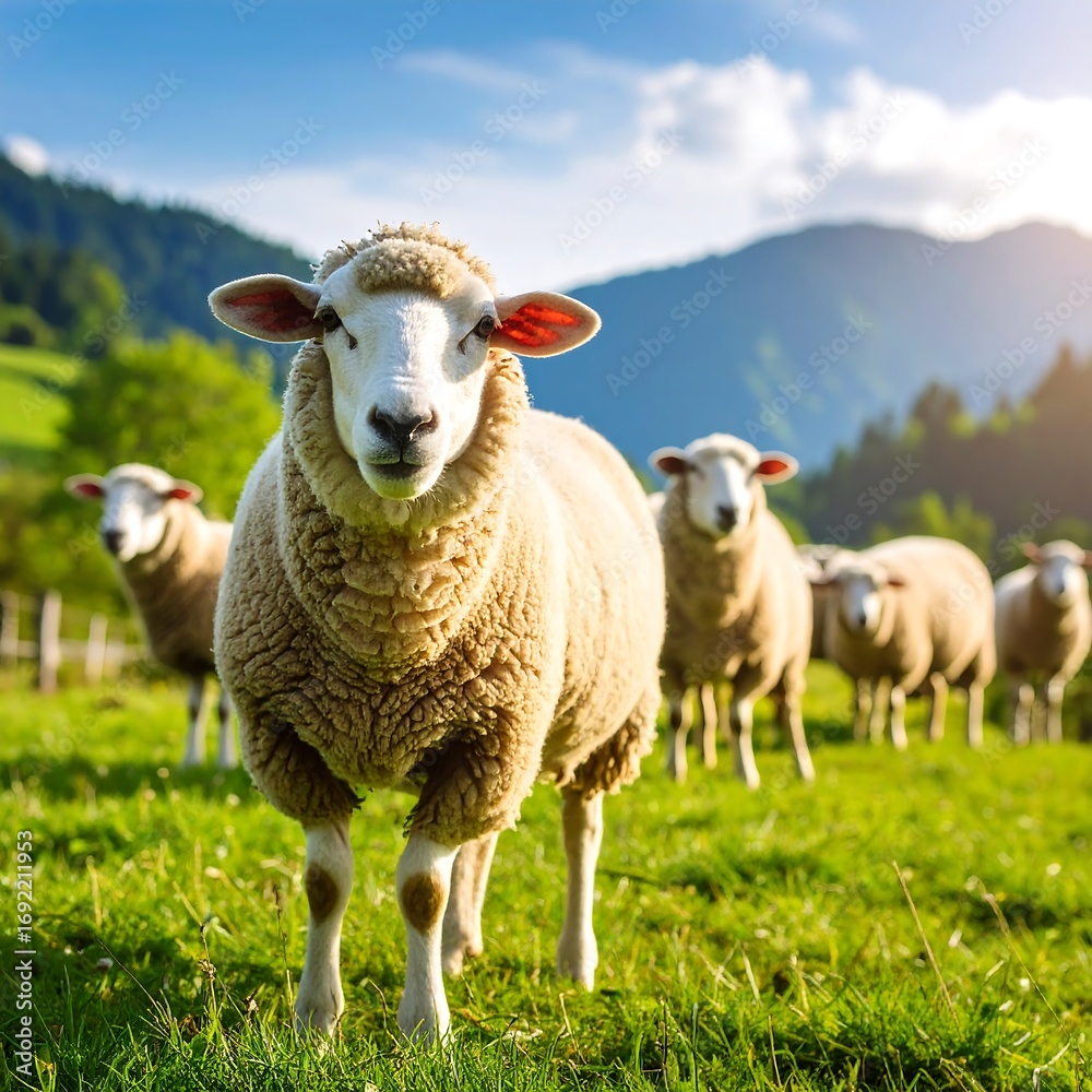 Fototapeta premium Sheep in a grassy meadow, mountains in the background