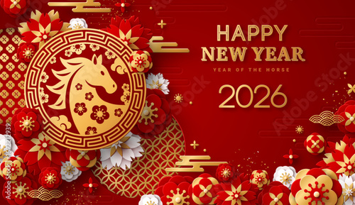 Chinese banner, Happy New Year 2026 poster. Lunar Horse gold emblem icon, 3d flowers, asian clouds on red background. Vector illustration. Astrology China calendar animal symbol. Place for text