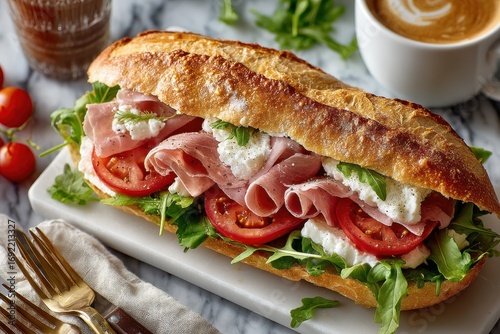 Fresh Long Hoagie Sandwich on White Plate with Utensils and Coffee on a Marble Table