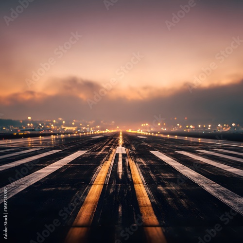 Dramatic sunset over a vibrant airport runway with glowing lights stretching into the distance