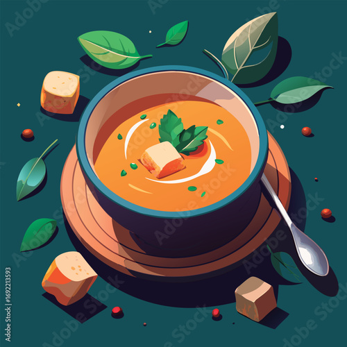 Creamy soup with croutons and herbs.