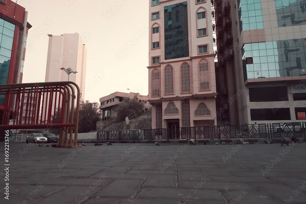 Fototapeta premium different style roadside buildings, surrounded by fences and some pigeons.