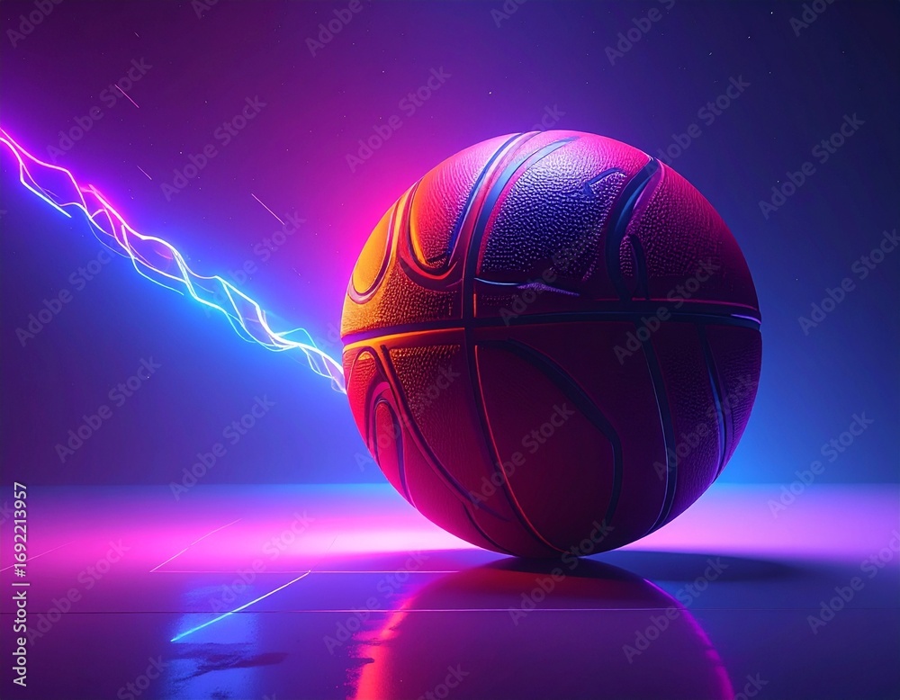 Obraz premium A vibrant basketball illuminated by neon lights, with a streak of energy emanating from it.