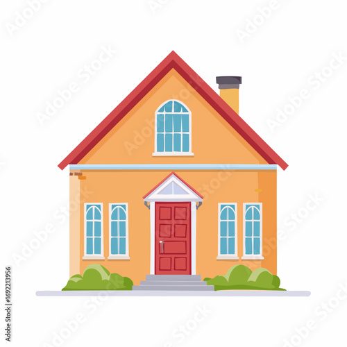 Charming orange suburban house with red door and inviting windows, perfect for real estate