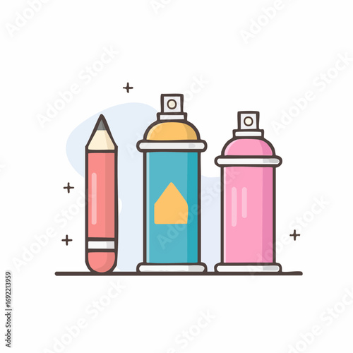 Vibrant art supplies including a pencil and colorful spray paint cans create dynamic design elements