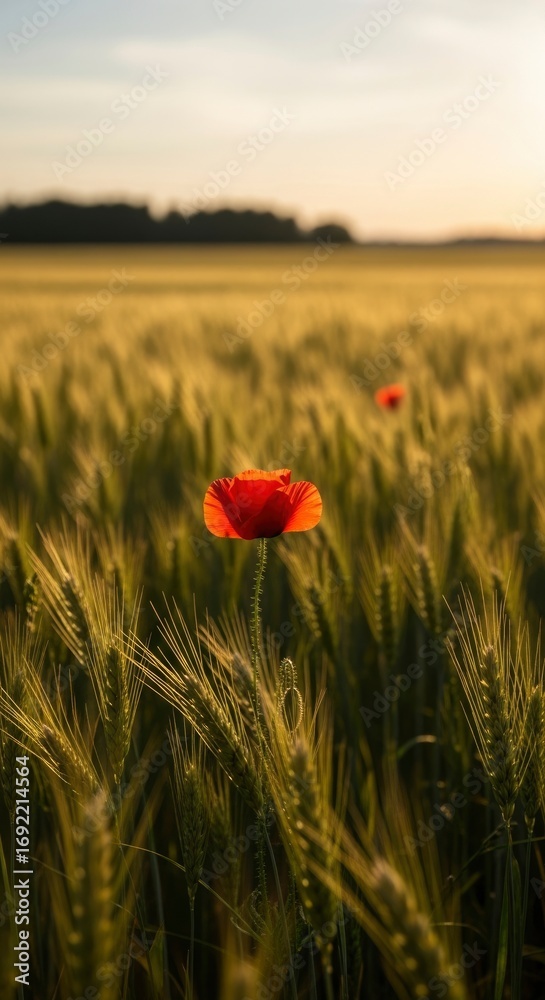 Obraz premium A vibrant red poppy stands tall in a sun-drenched golden wheat field at sunset, bathed in warm, soft light, creating a serene and picturesque natural scene.