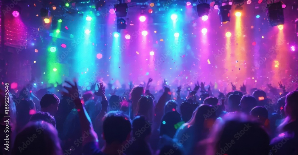 Fototapeta premium Crowd enjoying vibrant nightclub scene. Lights, confetti create energetic atmosphere. People raising hands, celebrating music.