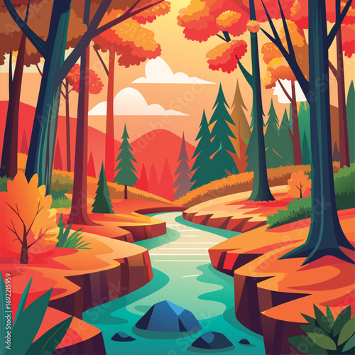 Autumnal stream winding through the forest.