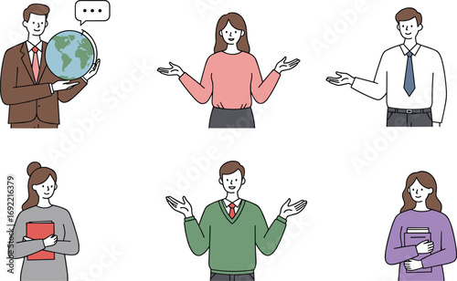 Diverse people presenting global ideas, business communication concept, male and female character illustrations with gestures, holding books, globe and talking symbol for education