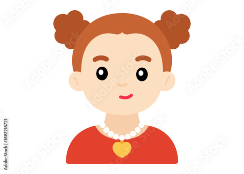 Adorable girl avatar with pigtails, red shirt, and heart necklace. Flat cartoon vector style for kids apps, profile icons, avatars, stickers, and educational materials.