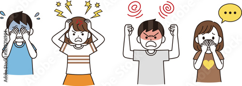 Cartoon vector illustration of people showing stress, frustration, anger, and shock, emotional expression icons, mental health awareness, flat design, CAD drawing style