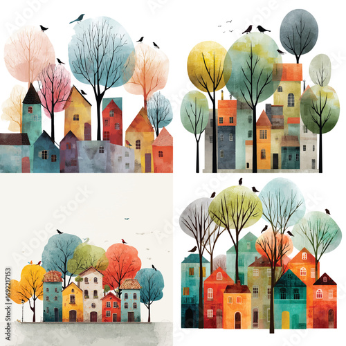 Vector art of colorful watercolor townscape illustration with birds perched on trees