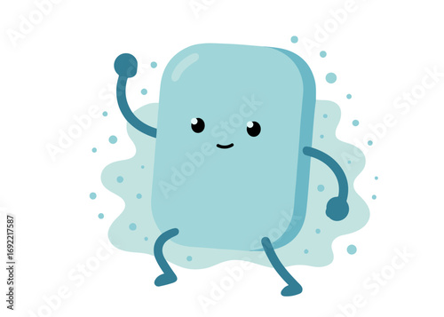 Soap bar cartoon vector illustration with happy face, bubbles and playful pose. Perfect for hygiene campaigns, kids graphics, stickers, apps and educational designs.