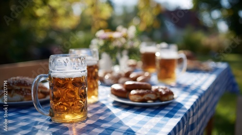 Bavarian beer garden feast featuring traditional mugs and pretzels on checkered tablecloth
