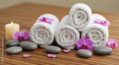 Rolled white towels with purple orchids stones and a candle on a bamboo mat