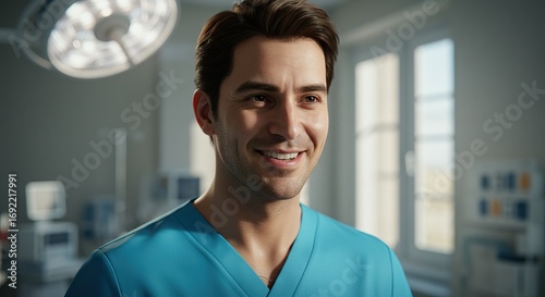 Smiling man in blue scrubs under surgical lighting in what appears to be an operating room