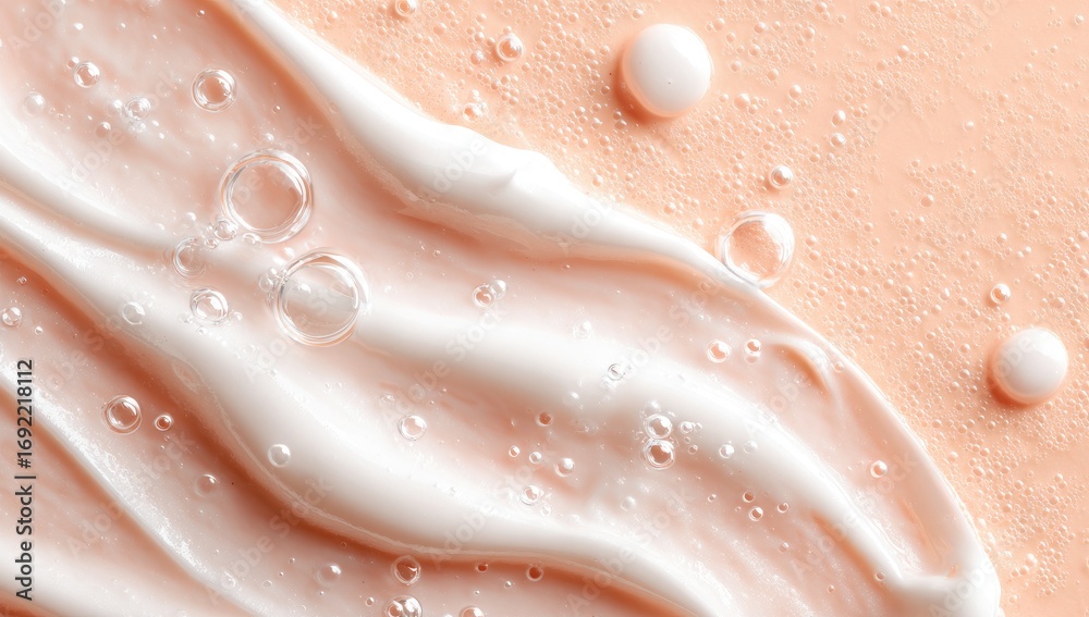 Obraz premium Creamy skincare product textures. Soft, pale pink and white beauty product swirls and droplets