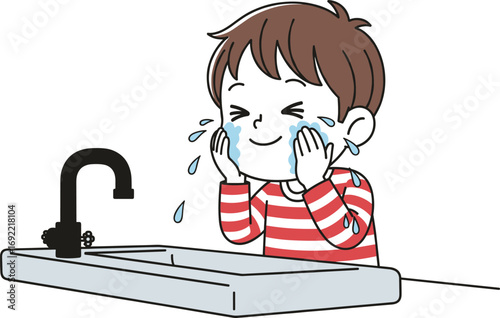 Happy Boy Washing Face at Sink, Flat Vector Illustration Promoting Hygiene, Daily Routine, Health Education, and Children’s Cleanliness Habits in Digital Media