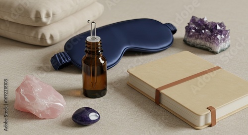 Still life with cushions eye mask crystals bottle  journal