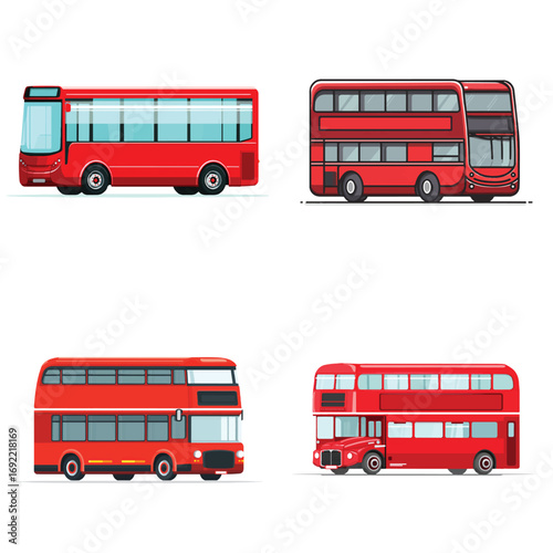 Vector art of four red bus illustrations, different perspectives