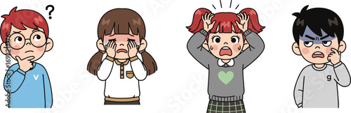 Set of Children Showing Different Emotions, Flat Vector Illustration for Education, Behavior Studies, Psychology, and Emotional Learning Design in Digital Media