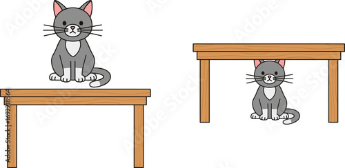 Cute Gray Cat Sitting on and Under Wooden Tables, Flat Vector Illustration for Kids, Pets, and Interior Themes, Perfect for Graphic Design
