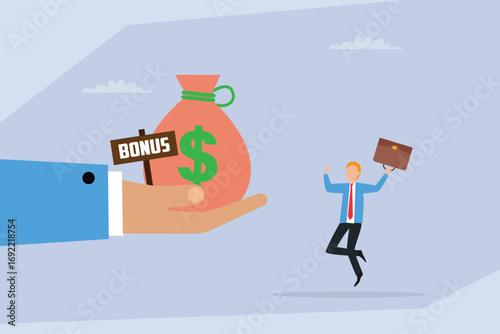 Receiving a bonus for performance. A happy businessman is jumping for joy as a giant hand offers him a bag of money with a "Bonus" sign. 2d flat vector illustration