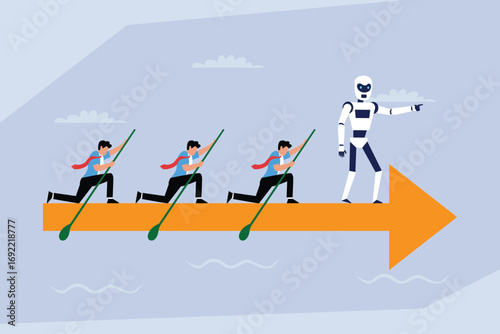 AI leading a business team. A robot leader pointing the way forward as a team of businessmen rows a boat shaped like an arrow, symbolizing AI-driven progress and direction. 2d flat vector illustration