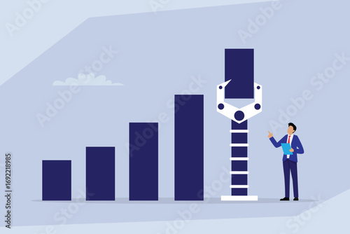 Human and AI partnership for business growth. A businessman watches as a robot arm builds the highest bar on a chart