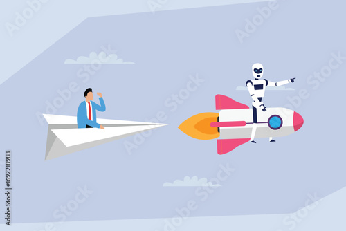 Human and AI racing for the future. A businessman on a paper plane is being passed by a robot on a rocket