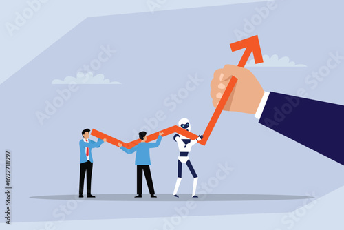 Human and AI partnership for business growth. A team of people and a robot are helping to lift a growing financial arrow, while a giant hand provides support and guidance 2d flat vector illustration