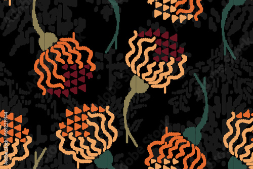 A seamless floral pattern featuring warm burnt orange blossoms on a deep black background—ideal for fall-themed wallpaper, fabric prints, stationery, and digital designs.